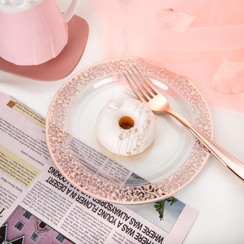 I00000 72 Pcs Rose Gold Dessert Plates 7.5" & 72 Pcs Disposable Forks 7.4", Lace Design Plastic Salad Plate, Plastic Appetizer Plate for all Holidays Perfect for Party & Wedding - Image 2